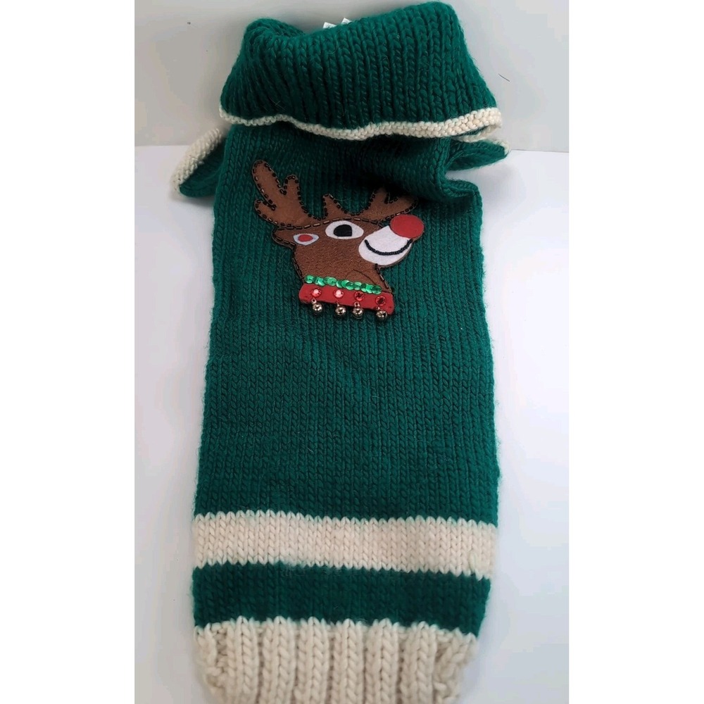 Liz Claiborn Crochet Christmas Dog Sweater Green W/Reindeer Face Size Medium - Picture 12 of 12